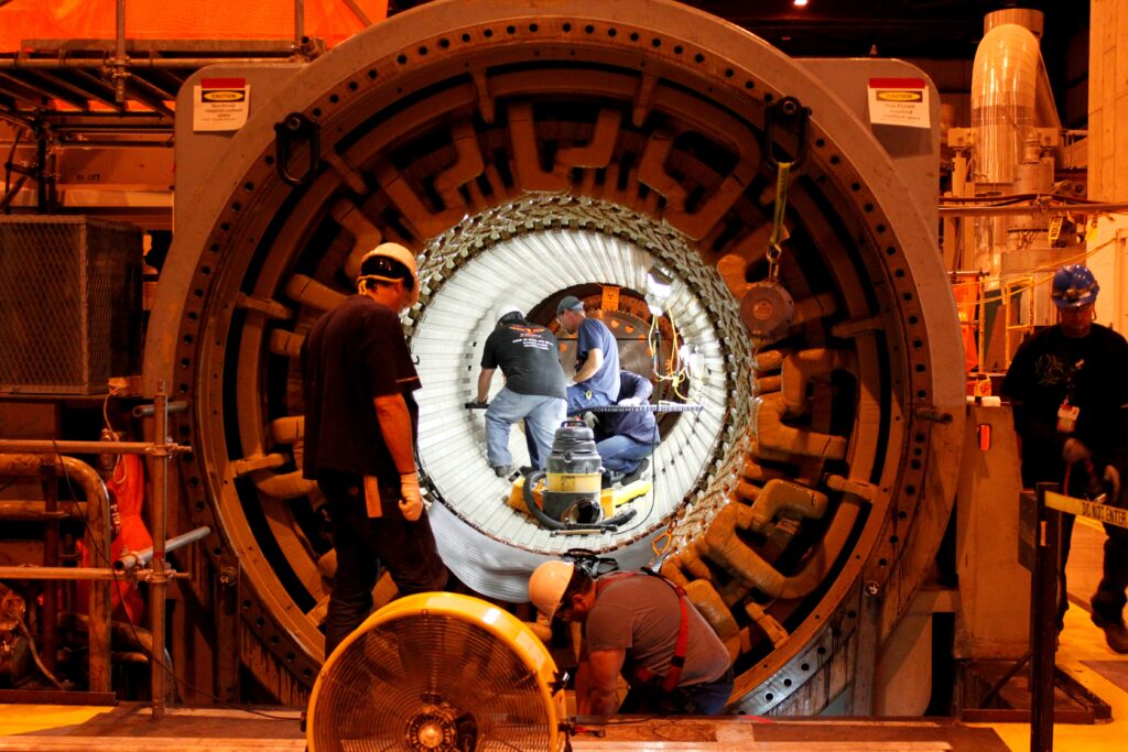 Workers perform maintenance at the Duane Arnold Energy Center after the plant was shut down for refueling.