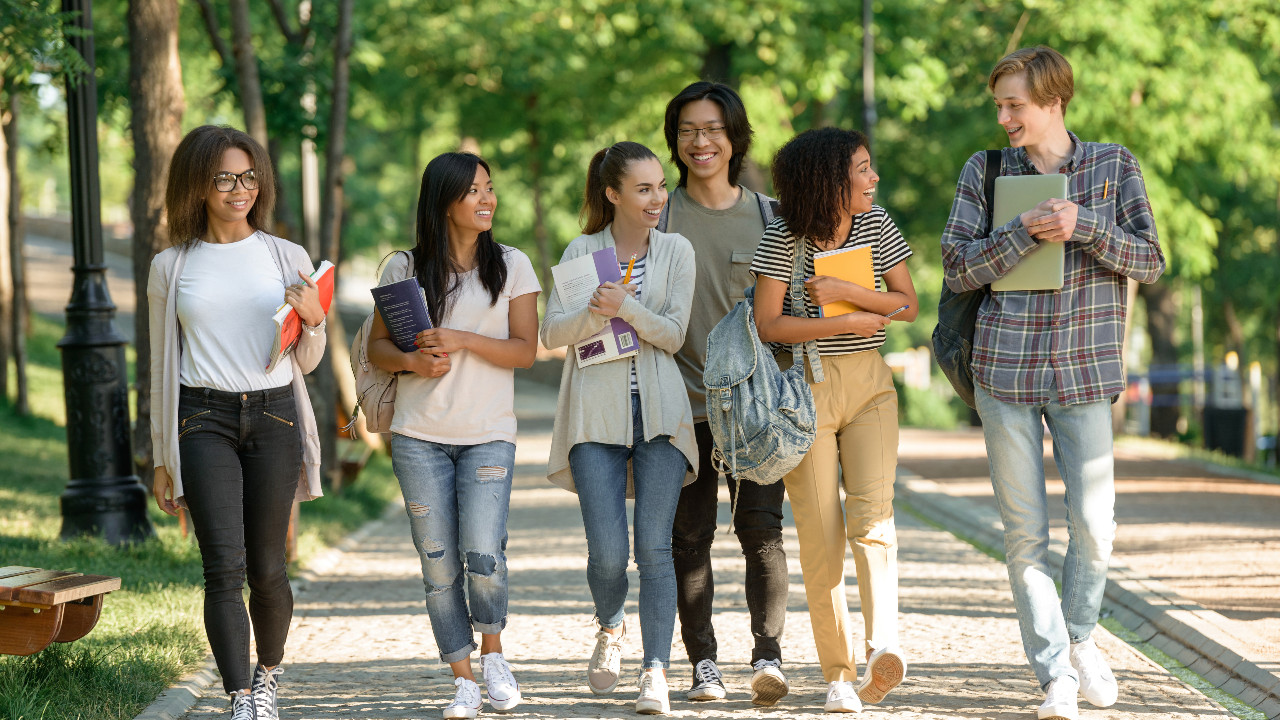 multiethnic-group-young-cheerful-students-walking(1)(1) College students walking