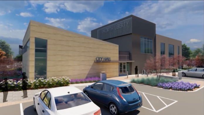 A rendering of North Liberty's new city hall, which began construction in early October.