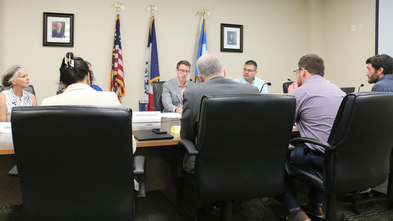 Members of the Linn County Technical Review Committee discuss details of the Duane Arnold Solar projects with NextEra Energy representatives during a committee meeting Thursday, May 19, 2022 at the Jean Oxley Administrative Office Building in Cedar Rapids. CREDIT RICHARD PRATT