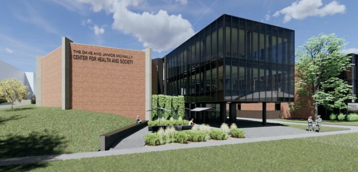 A rendering of the David and Janice McInally Center for Health & Society, nursing school.