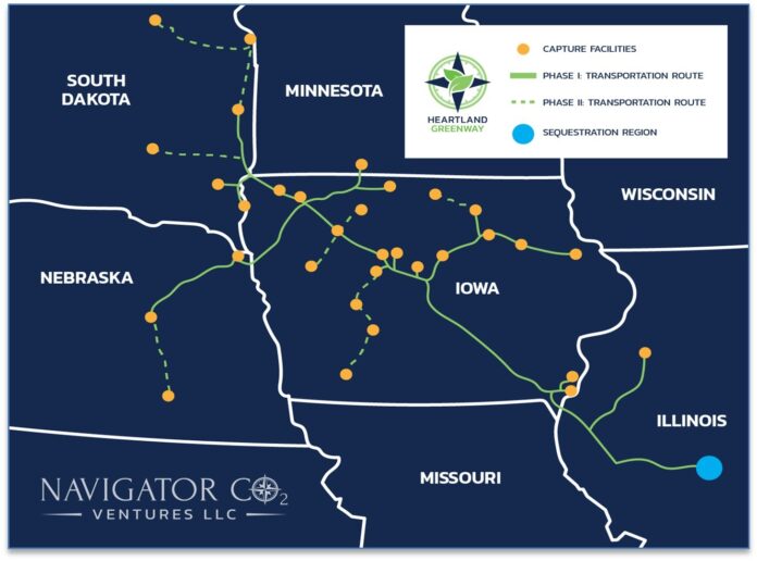 An updated map of Navigator CO2 Ventures' proposed carbon pipeline through Iowa.