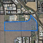 The blue boundary indicates the plot of land North Liberty officials would like to build a new community park.