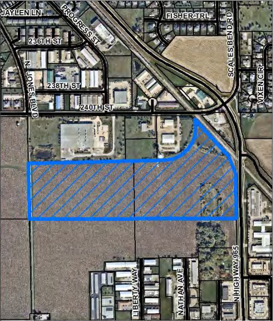 The blue boundary indicates the plot of land North Liberty officials would like to build a new community park.