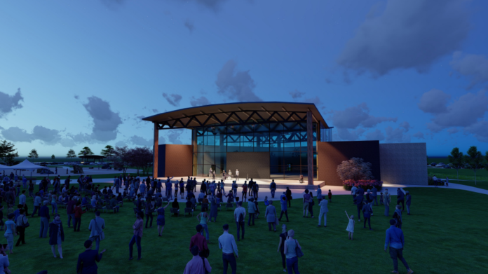 A rendering of a future Centennial Park Center Stage at night.