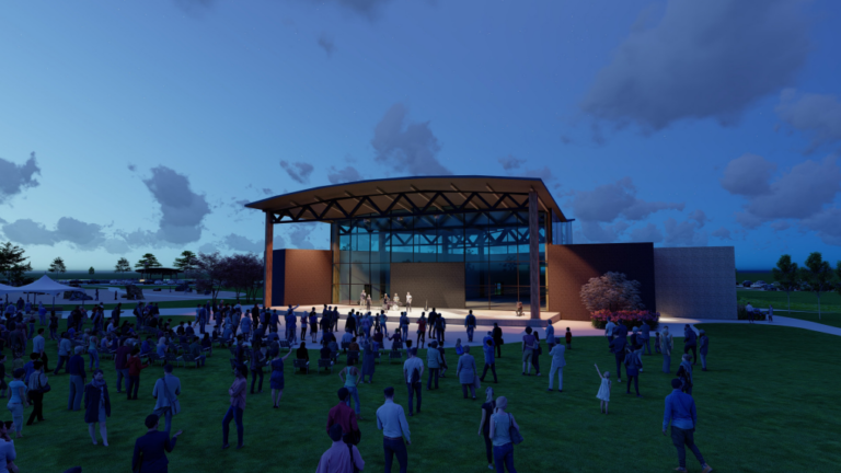 A rendering of a future Centennial Park Center Stage at night.