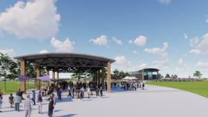 A rendering of the Centennial Park pavilion, with the center stage in the background. 