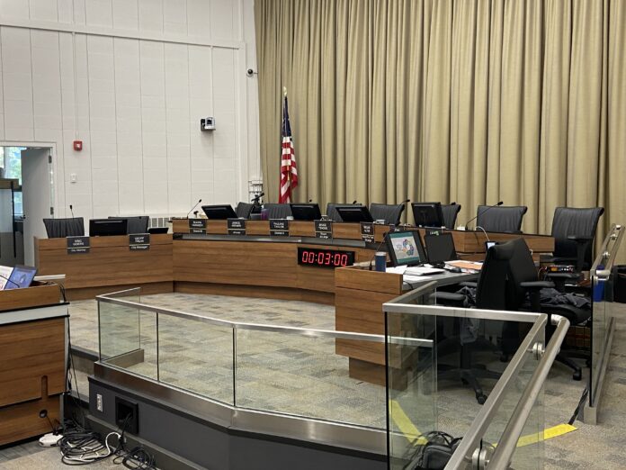 Council chambers at Emma J. Harvat Hall in Iowa City in Johnson County on Aug. 16.