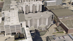 An aerial view of the John Pappajohn Pavilion.