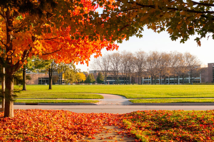 The courtyard entrance to the ACT Iowa City campus in the fall.