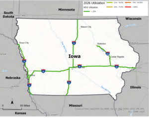 This map shows the utilization rates of four-port charging startions along Iowa's interstate Corridors in 2026. Rates are not expected to exceed 40%, meaning planning infrastructure changes should be able to handle demand. 