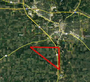 The proposed site of the Johnson County Solar Triangle Project is defined by the border of the red triangle above.