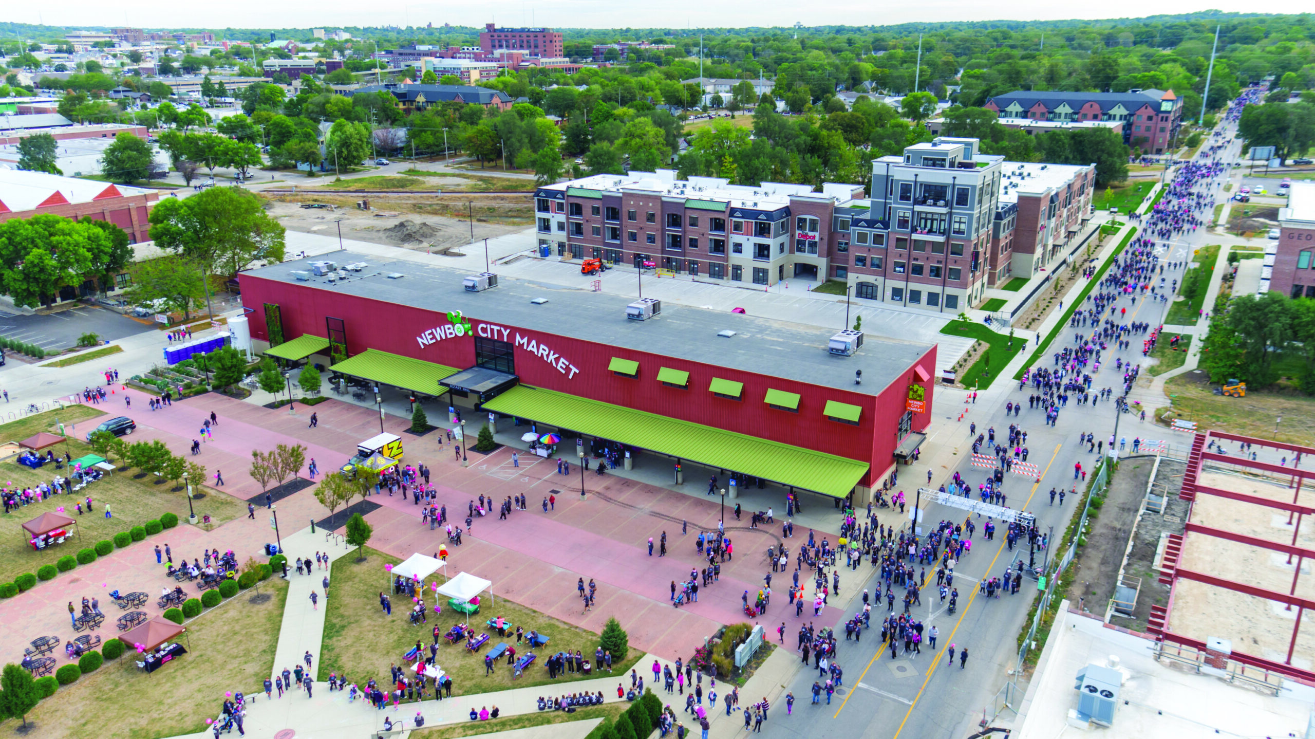 An aerial view of NewBo City Market in 2018.