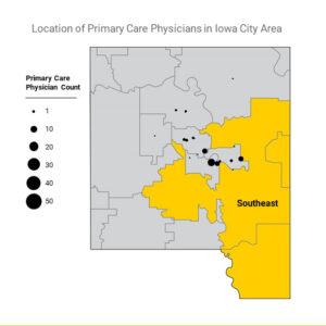 A map showing the location of physicians in the Iowa City area. CREDIT UI HEALTH CARE