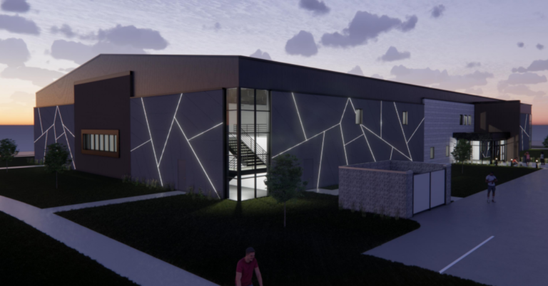 A preliminary night rendering of the Palestra on Solomon's Landing, a future sports recreation facility in North Liberty. CREDIT LEVI ARCHITECTURE