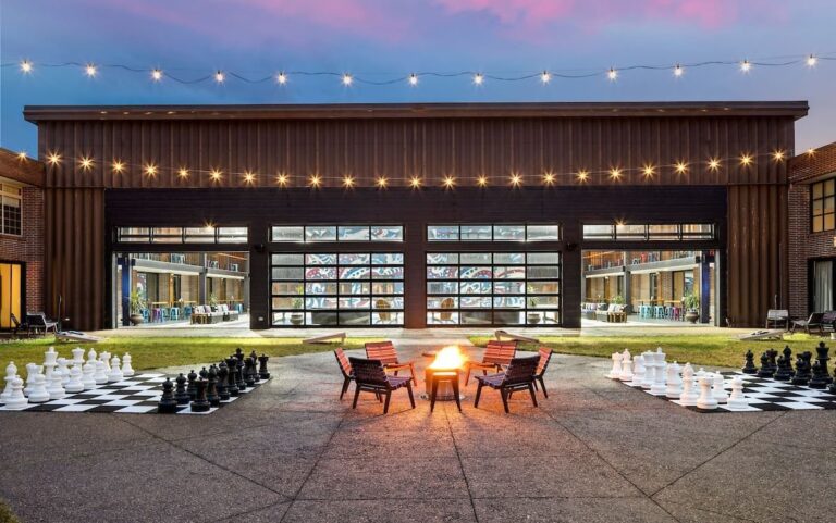 The Highlander's outdoor courtyard and patio has life size chess boards, bags, ping pong and frisbee golf. CREDIT HIGHLANDER HOTEL