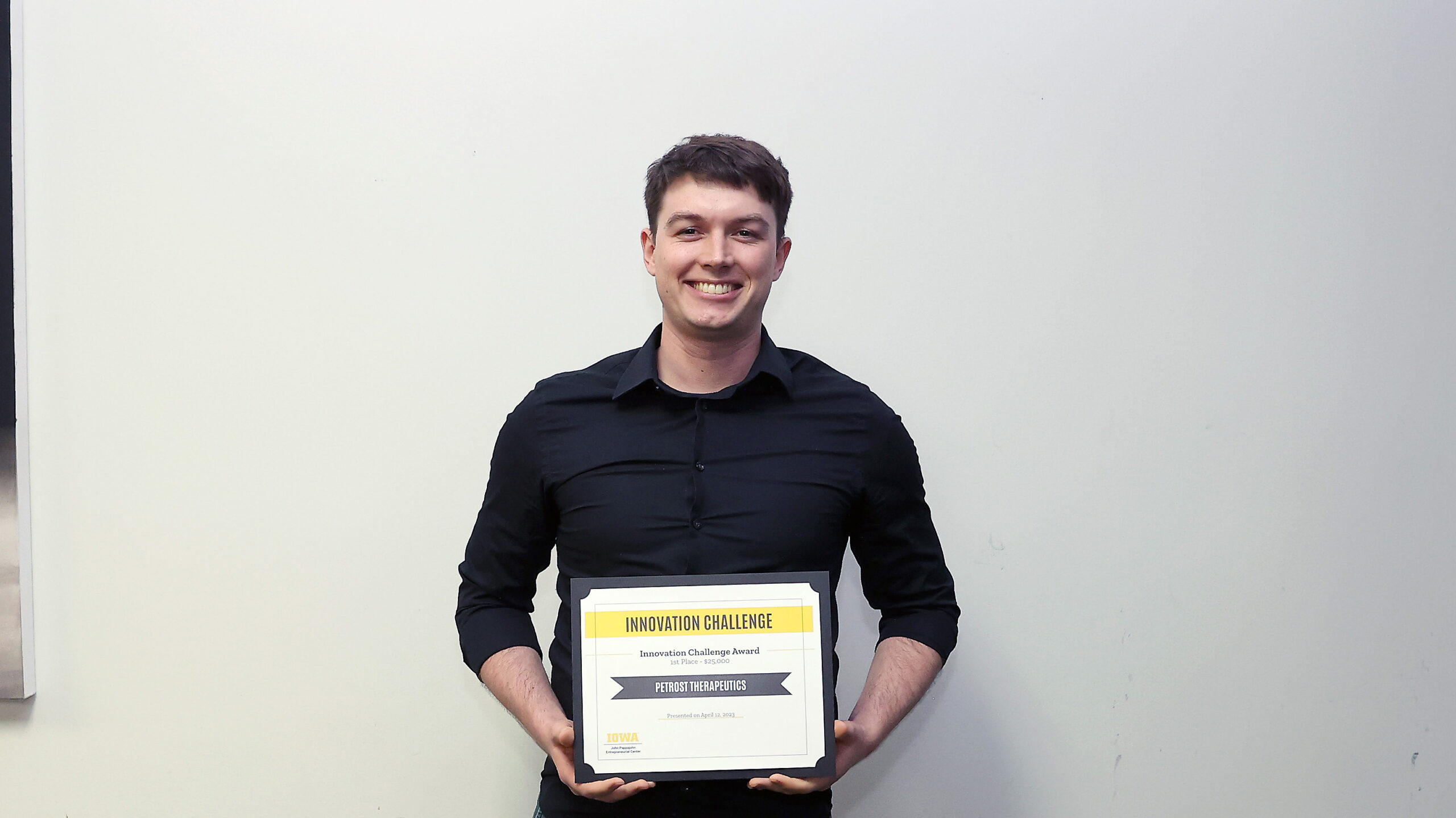 Noah Laird, co-foundre of Petrost Therapeutics, at the Innovation Challenge Awards event on April 12, 2023, at MERGE in Iowa City, Iowa. CREDIT DARREN MILLER