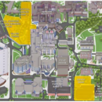 The highlighted areas of this map show the future locations of a new adult inpatient tower and health sciences academic building. CREDIT UI OFFICE OF STRATEGIC COMMUNICATIONS