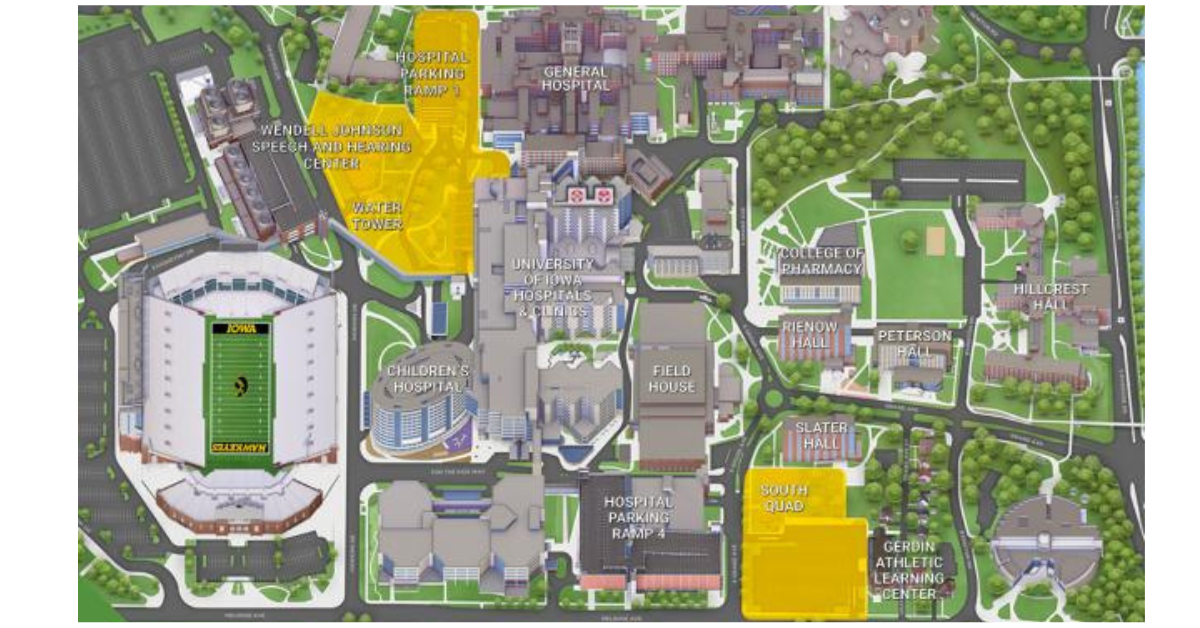The highlighted areas of this map show the future locations of a new adult inpatient tower and health sciences academic building. CREDIT UI OFFICE OF STRATEGIC COMMUNICATIONS