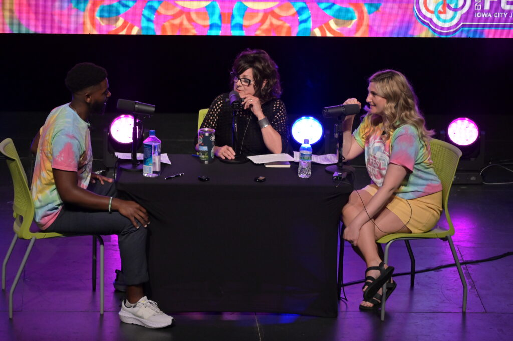IEDA and IFA Director Debi Durham speaks on the Iowa Innovation podcast in front of a live crowd to begin EntreFEST 2023. CREDIT NEWBOCO