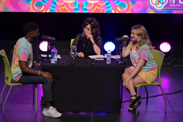 IEDA and IFA Director Debi Durham speaks on the Iowa Innovation podcast in front of a live crowd to begin EntreFEST 2023. CREDIT NEWBOCO