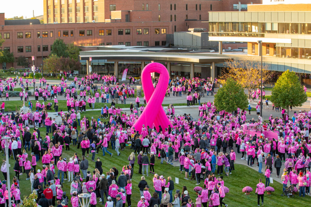 An inflatable pink ribbon was displayed at the Mercy’s Especially for You Race Against Breast Cancer in October 2022. CREDIT MERCY CEDAR RAPIDS.