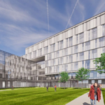 A rendering of the proposed UI Health Science Academic Building, one block east of UIHC’s Main Hospital, looking southwest from the new open green space to the main entrance. CREDIT IOWA BOARD OF REGENTS