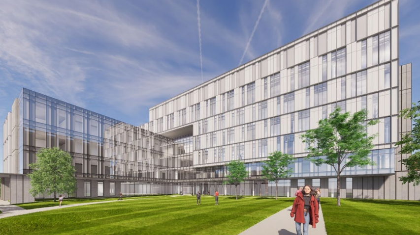 A rendering of the proposed UI Health Science Academic Building, one block east of UIHC’s Main Hospital, looking southwest from the new open green space to the main entrance. CREDIT IOWA BOARD OF REGENTS