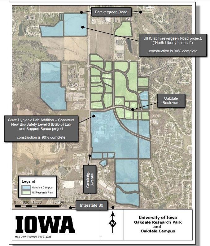 A map of the University of Iowa Oakdale Research Park and Oakdale Campus. CREDIT BOARD OF REGENTS