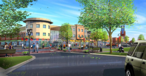 This image illustrates the potential aesthetic of the Mixed-Use Commercial surrounding the neighborhood square within the Neighborhood at Indian Creek. CREDIT RDG PLANNING & DESIGN