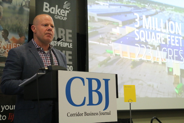 James Leach, factory manager at the John Deere Harvester Works in East Moline, Illinois, delivers a keynote address at the Corridor Business Journal's annual Manufacturing Conference Sept. 15. CREDIT RICHARD PRATT