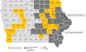 This map of Iowa counties shows where hydrostations are currently located. CREDIT UNIVERSITY OF IOWA