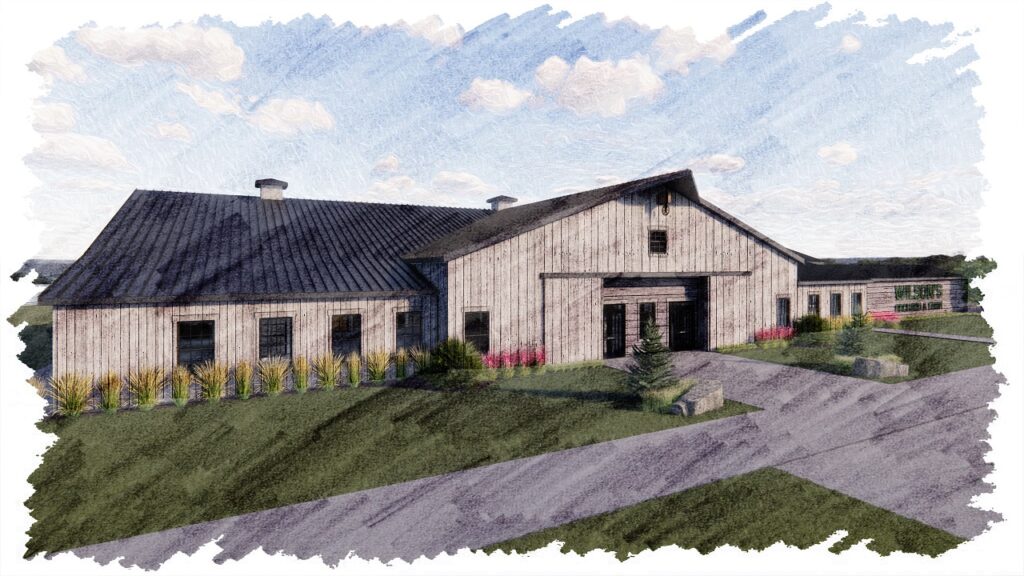 A pencil and ink drawing of a barn. On the side the words "Wilson's Orchard & Farm" is painted in green letters. Plants grow along the side of the building.