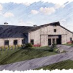 A pencil and ink drawing of a barn. On the side the words "Wilson's Orchard & Farm" is painted in green letters. Plants grow along the side of the building.