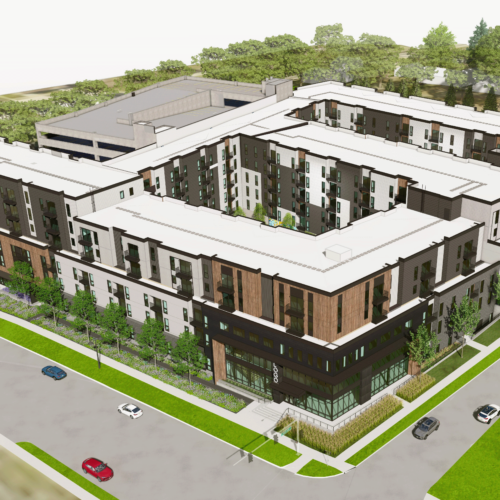 A rendering of Riverfront West student housing, located on the corner of Riverside Drive and Myrtle Avenue in Iowa City.