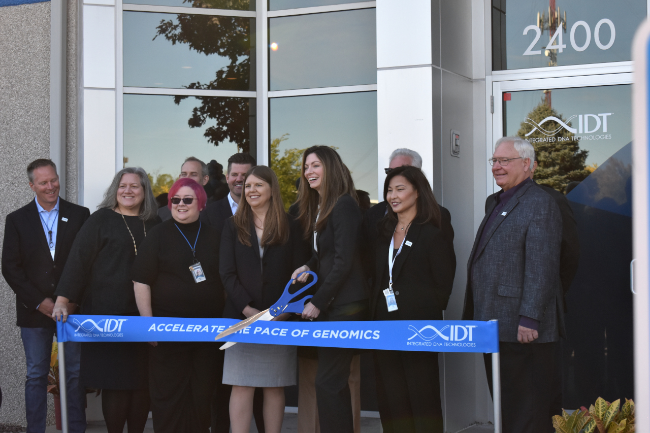 IDT president Demaris Mills is poised to cut the ribbon at IDT's new facility, 2400 Oakdale Blvd., Coralville, Oct. 17.