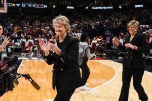 Iowa Hawkeyes Head Women’s Basketball Coach Lisa Bluder celebrates their win against South Carolina in the National semifinal game Friday, March 31, 2023.