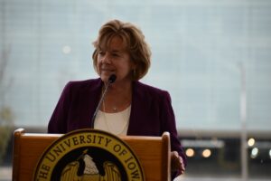 University of Iowa Barbara J. Wilson speaks at the groundbreaking ceremony. 