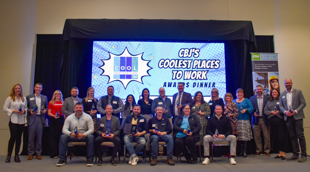 The winners of 2023's Coolest Places to Work pose for a group photo at the awards dinner, Nov. 30, 2023.