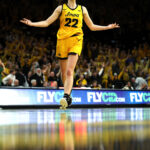 Iowa Hawkeyes guard Caitlin Clark (22) celebrates her game winning three point basket against the Michigan State Spartans Tuesday, January 2, 2024 at Carver-Hawkeye Arena. CREDIT BRIAN RAY/HAWKEYESPORTS.COM