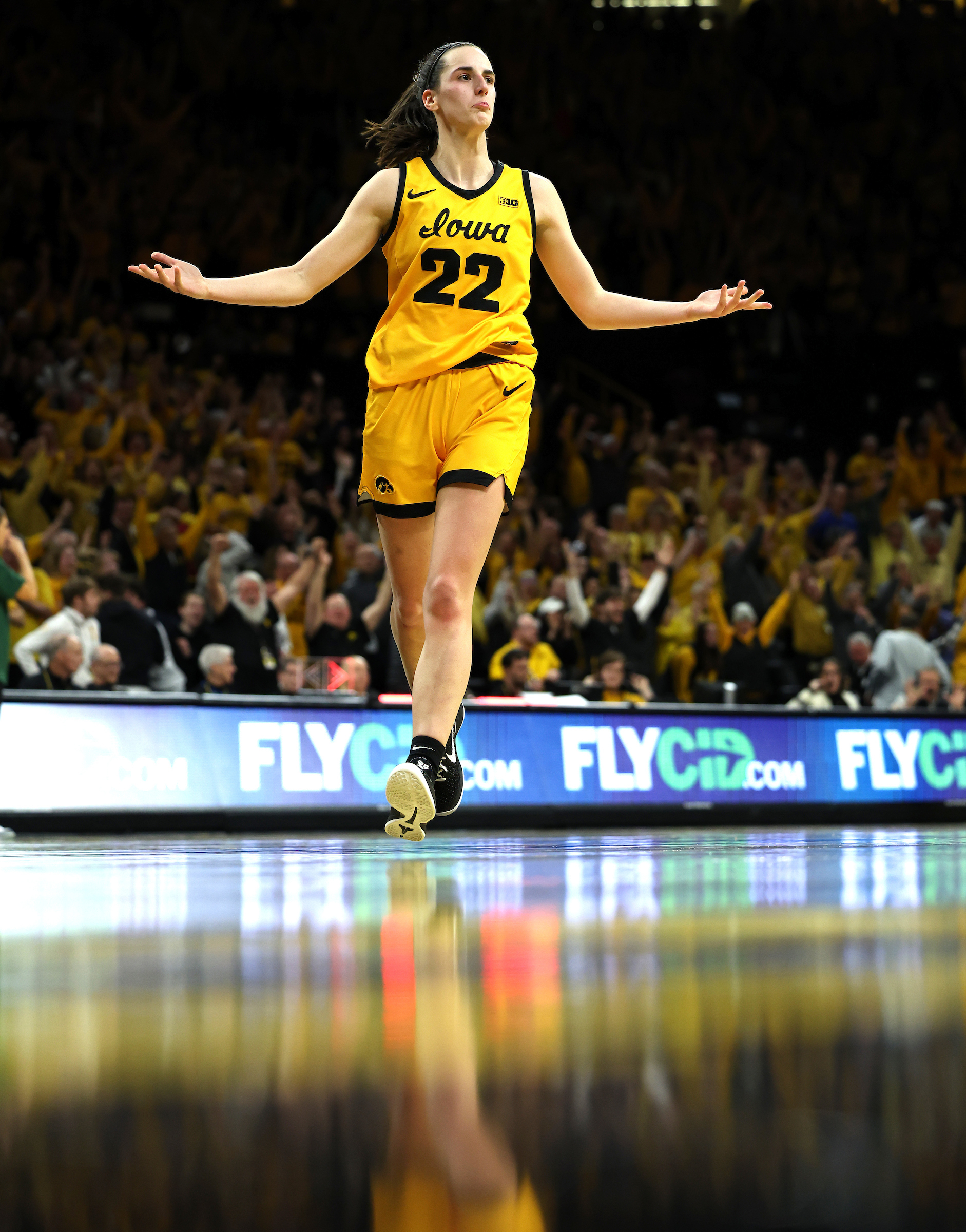 Iowa Hawkeyes guard Caitlin Clark (22) celebrates her game winning three point basket against the Michigan State Spartans Tuesday, January 2, 2024 at Carver-Hawkeye Arena. CREDIT BRIAN RAY/HAWKEYESPORTS.COM