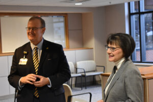 CEO and associate vice president of UI Health Care, greeted employees as they entered the building. 