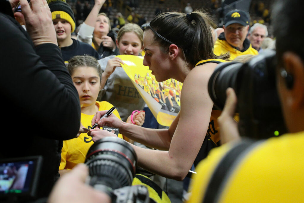 Iowa Hawkeyes guard Caitlin Clark (22) after winning their game against Michigan State 76-73 at Carver-Hawkeye Arena in Iowa City, Iowa on Tuesday, January 2, 2024.