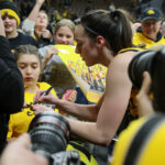 Iowa Hawkeyes guard Caitlin Clark (22) after winning their game against Michigan State 76-73 at Carver-Hawkeye Arena in Iowa City, Iowa on Tuesday, January 2, 2024.
