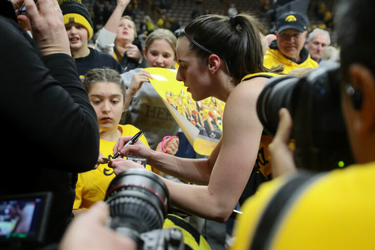 Iowa Hawkeyes guard Caitlin Clark (22) after winning their game against Michigan State 76-73 at Carver-Hawkeye Arena in Iowa City, Iowa on Tuesday, January 2, 2024.