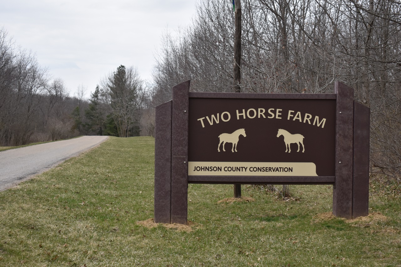 Sign outside of Two Horse Farm, 2257 Sugar Bottom Road NE in Solon. The Johnson County Conservation Board bought the property in 2022 to join the county's park system.