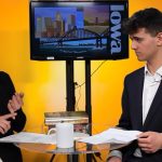 Nataliya Oliynyk (left) and Jackson Kalmar (right), co-hosts of Wake Up Iowa City