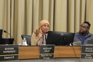 Mayor pro tem Mazahir Salih addresses a public commentator at the Iowa City council's April 2 meeting. Mayor pro tem Salih voted "no" on rezoning ordinance. 