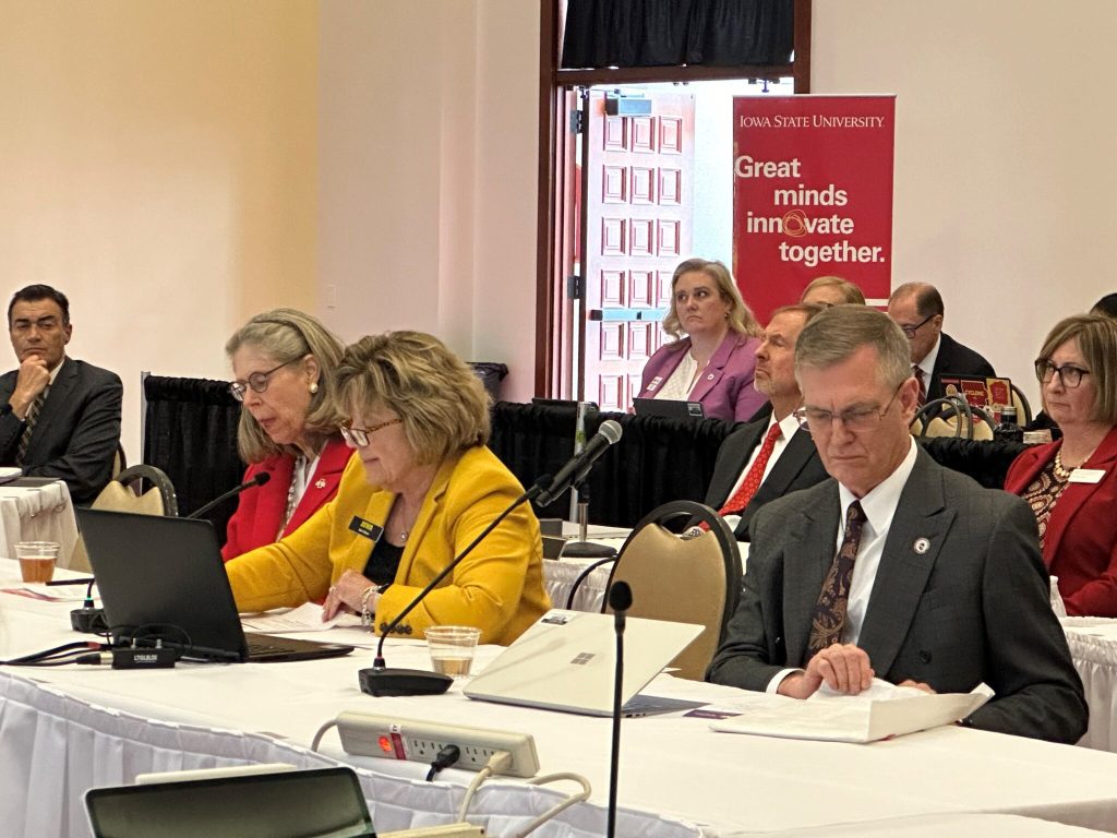 Iowa State University President Wendy Wintersteen, University of Iowa President Barbara Wilson and University of Northern Iowa President Mark Nook. from left, speak to the Iowa Board of Regents April 25, 2024. (Photo by Brooklyn Draisey/Iowa Capital Dispatch)