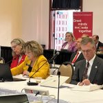 Iowa State University President Wendy Wintersteen, University of Iowa President Barbara Wilson and University of Northern Iowa President Mark Nook. from left, speak to the Iowa Board of Regents April 25, 2024. (Photo by Brooklyn Draisey/Iowa Capital Dispatch)